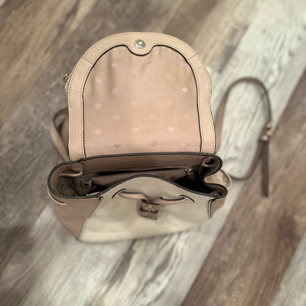 Kate Spade Leila Drawstring Medium Flap Leather Backpack Warm Beige - Picture 8 of 16